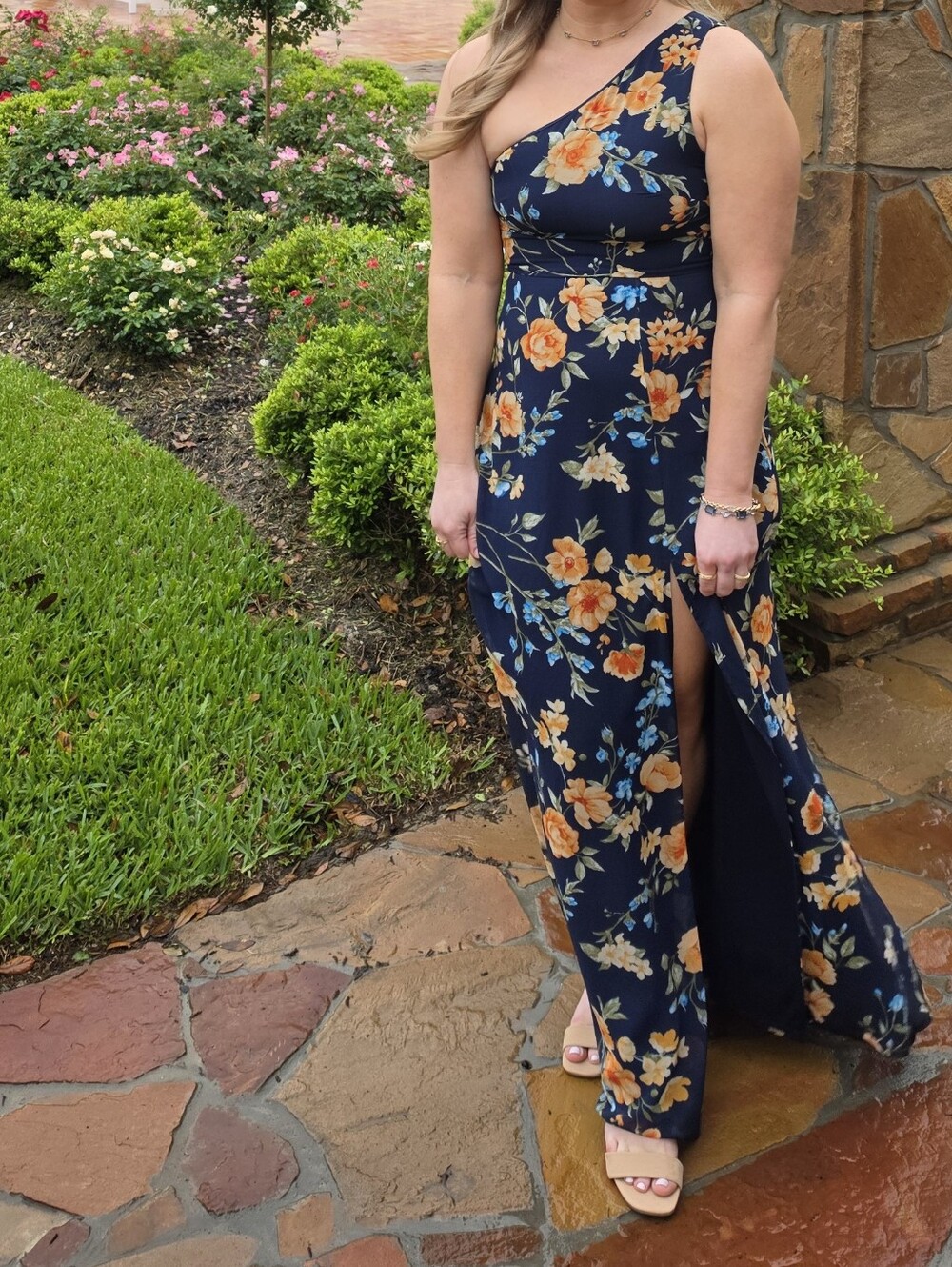 Lulu's Navy One-Shoulder Floral Maxi Dress with Orange Blooms